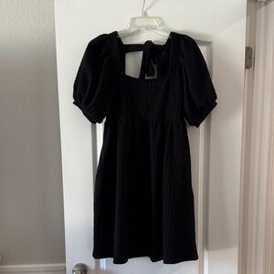 Listicle Black Square-Neck Puff Sleeve Mini Dress